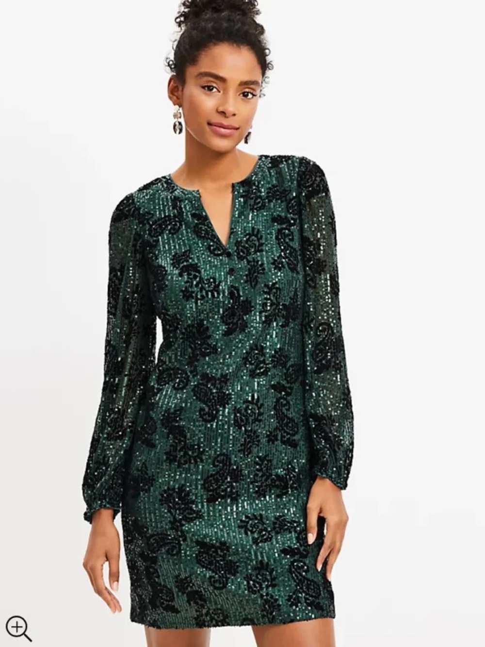 LOFT Ariel Sequin Green Black Long-Sleeve Shift Dress 8